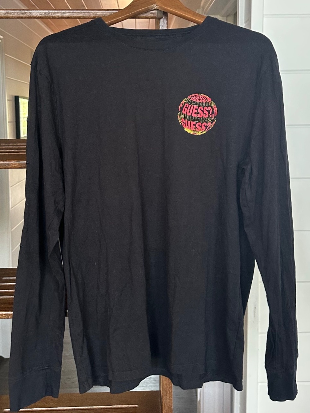 Men's - GUESS ECO - Black Long Sleeve Graphic T-Shirt Psychedelic Logo - Size L